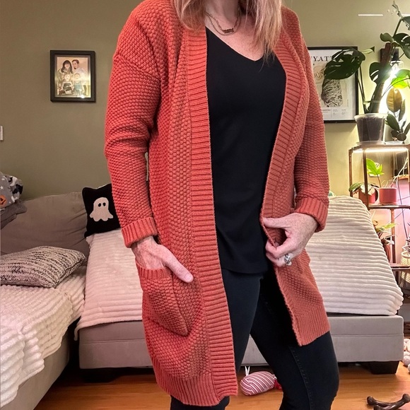 Max Studio Open Front Knit Cardigan size Large Rust Orange Womens - Picture 2 of 7